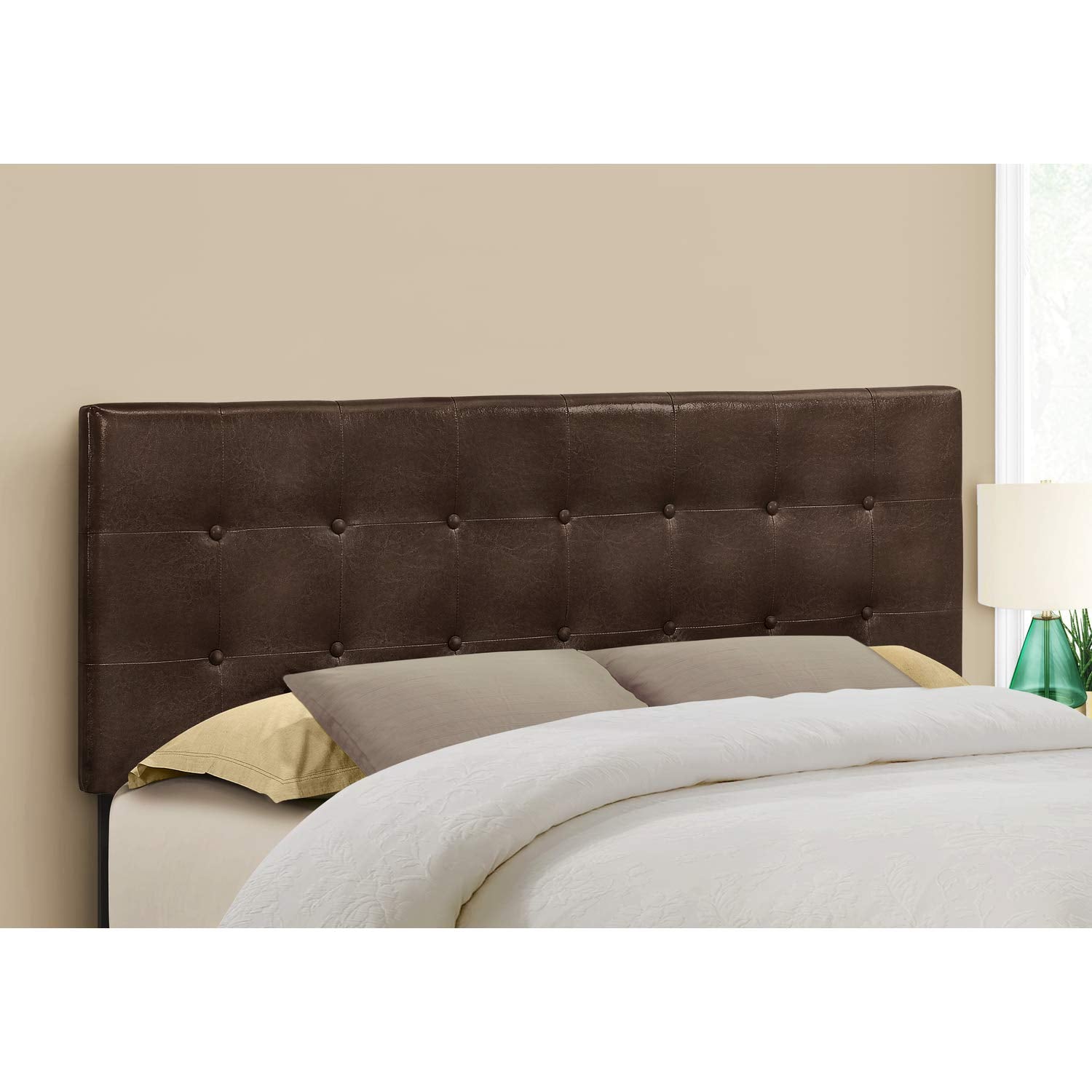 Monarch Specialties 6000Q, Queen, Bedroom, Upholstered, Pu, Transitional Bed Size Headboard, Dark Brown Leather-Look